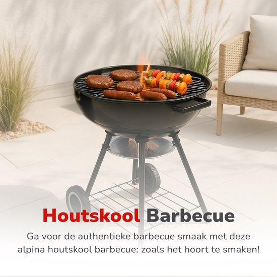 alpina Houtskool BBQ - Kogelbarbecue Ø43 cm - Barbecue met Deksel en Wielen - Geïntegreerd Ventilatiesysteem - Verwijderbare Asopvangbak - Zwart