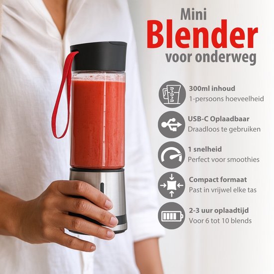 alpina Portable Blender 300ml - USB Oplaadbare Mini Smoothiemaker - Draagbare Smoothie Maker 125W - RVS Keukenmixer met 1 Snelheid - Zilver