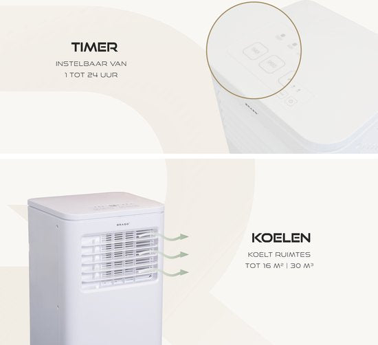 BRASQ 3-in-1 Mobiele airco met Raamafdichtingskit - Met afstandsbediening – Geschikt voor Slaapkamer - Woonkamer - Kantoor - Aircooler tot 16m2 - 9000 BTU – Wit