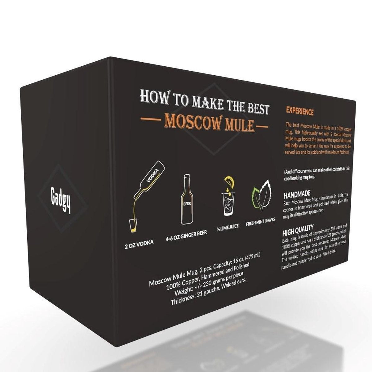Gadgy Moscow Mule Bekers Set - 100% Koper - Cocktailset : 2 Cocktailglazen, 2 Rietjes & 1 Barmaatje