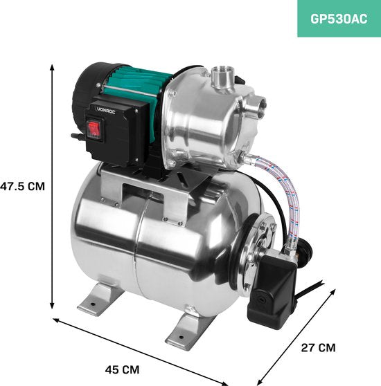 VONROC Hydrofoorpomp / hydrofoorset met drukschakelaar – 1000W - 3500l/h – 19L RVS tank – RVS pomphuis