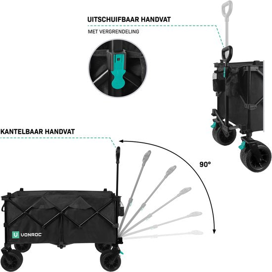 VONROC Bolderkar XL – Opvouwbaar - 80 kg draagvermogen – 200l inhoud - Extra ruim model - Massieve anti-lek wielen - Stevig stalen frame – Polyester 600D - Zwart