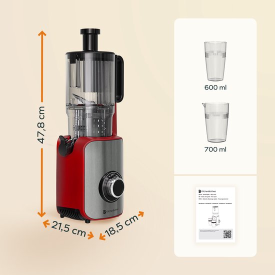 KitchenBrothers Slowjuicer - Verticaal - Juicer - Groenten en Fruitpers - 126 mm - 750 ml - Rood