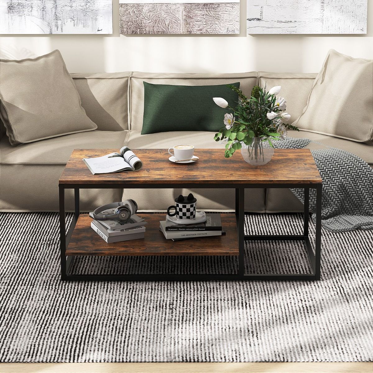Coast Salontafel - rechthoekig - 2-laags opbergruimte - rustiek bruin en zwart - 105 x 50 x 42,5 cm