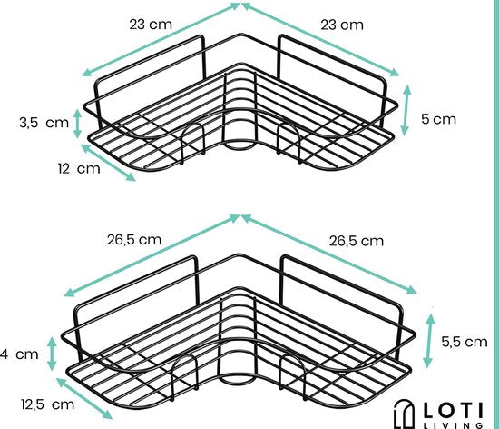 Loti Living Doucherek Zonder Boren – Hoekvorm – 2 stuks - Doucherek Hangend – Doucherekje zonder boren – Doucherekjes 2 stuks – Doucherek Zwart - Doucherek Aan Douchewand - Plakstrip