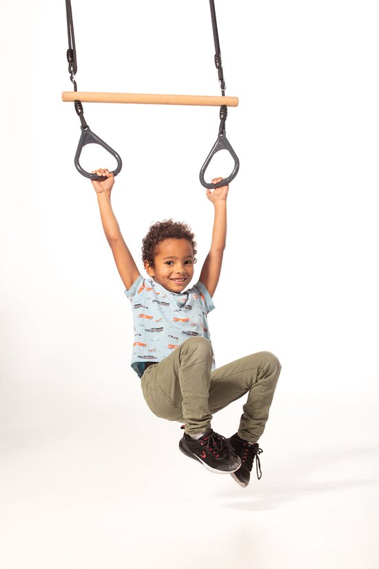 Houten Trapeze met Kunststof Ringen Antraciet - Zwart Gevlochten Touw