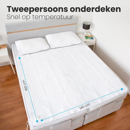 Auronic Elektrische Onderdeken - 2 Persoons - 160x140cm - met Hoekelastieken en 2 Controllers - Wit