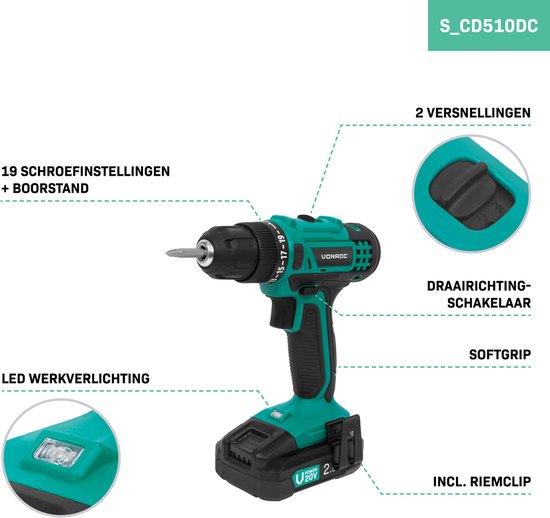 VONROC Accuboormachine 20V – 19 schroefstanden + boorstand - Incl. 2 bits - Incl. 2.0Ah Accu en snellader