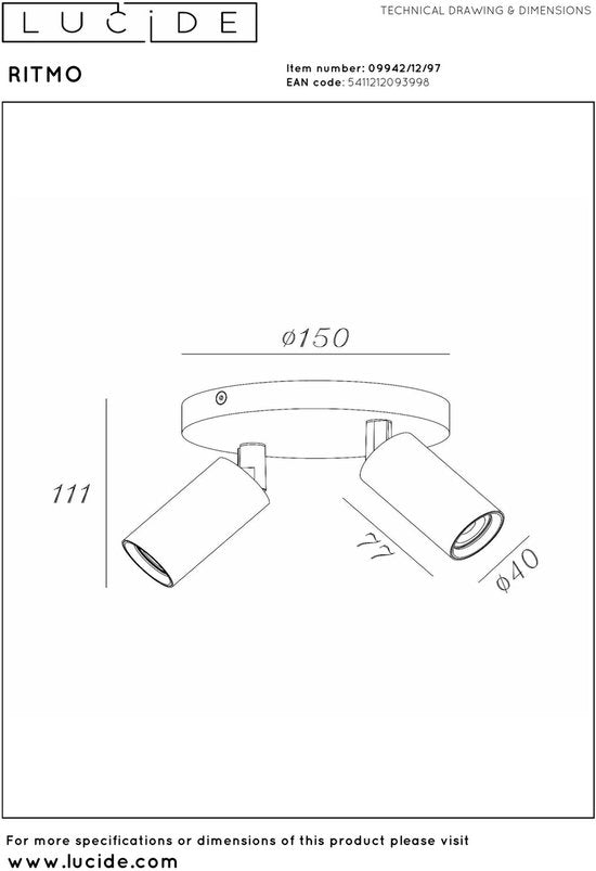 Lucide RITMO - Plafondspot (Plafondlamp) - Ø 15 cm - 2xGU10 (MR11) - Koffie