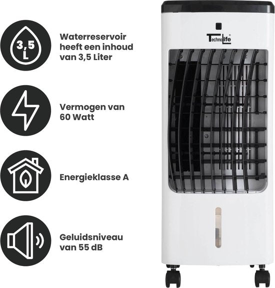 Technolife TL-2701 Aircooler met Afstandsbediening en Timer - 3.5L - Wit/Zwart