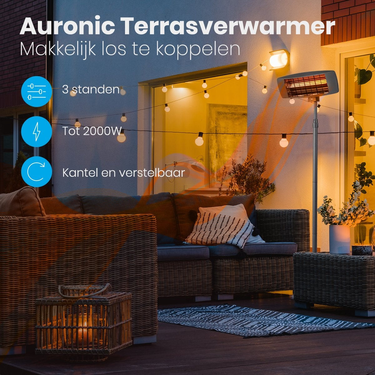 Auronic Terrasverwarmer - Infrarood - Elektrisch - 2000W - Heater - Hangend en Staand - met Afstandbediening - 3 Standen - Zwart