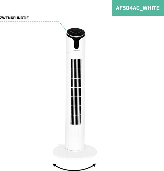VONROC Luxe Ventilator - Torenventilator – hoogte 86 cm – Incl. afstandsbediening - 3 snelheden – zwenkfunctie - 15 uurs timer - wit