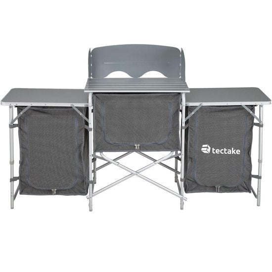 tectake® - Campingkeuken 172x52x104cm - Opvouwbaar - Afsluitbare compartimenten - Stevige werkbladen - Incl. windscherm- grijs