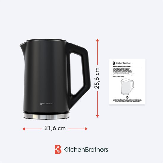 KitchenBrothers Waterkoker - Elektrisch - 1,5L - 2200W - Instelbare Temperatuurregeling - Dubbelwandig - Waterkoker RVS - Zwart