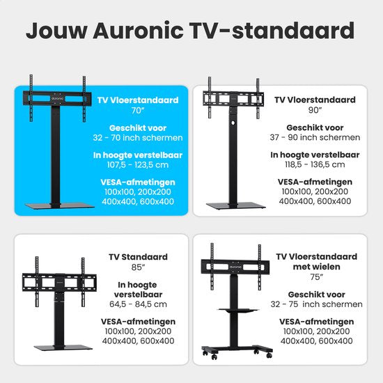 Auronic TV Standaard – Verstelbaar & Draaibaar – Max 60 kg – Voor 37-90 inch – 61 x 41 x 136,5 cm – Zwart