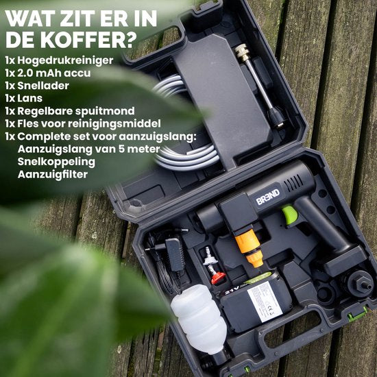 BREND BR-2235 Draadloze Hogedrukreiniger met Accu en Verstelbaar Mondstuk - 3 Sproeipatronen – Aanzuigslang en Fles - Zwart