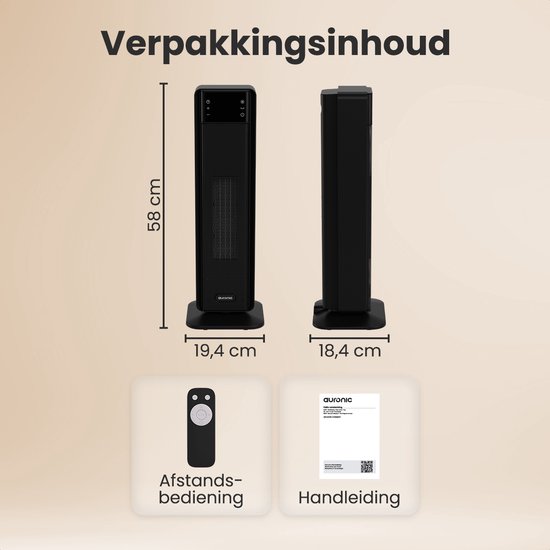 Auronic Elektrische Kachel - Keramische Kachel - Toren Kachel - 2000W Heater - Zwart