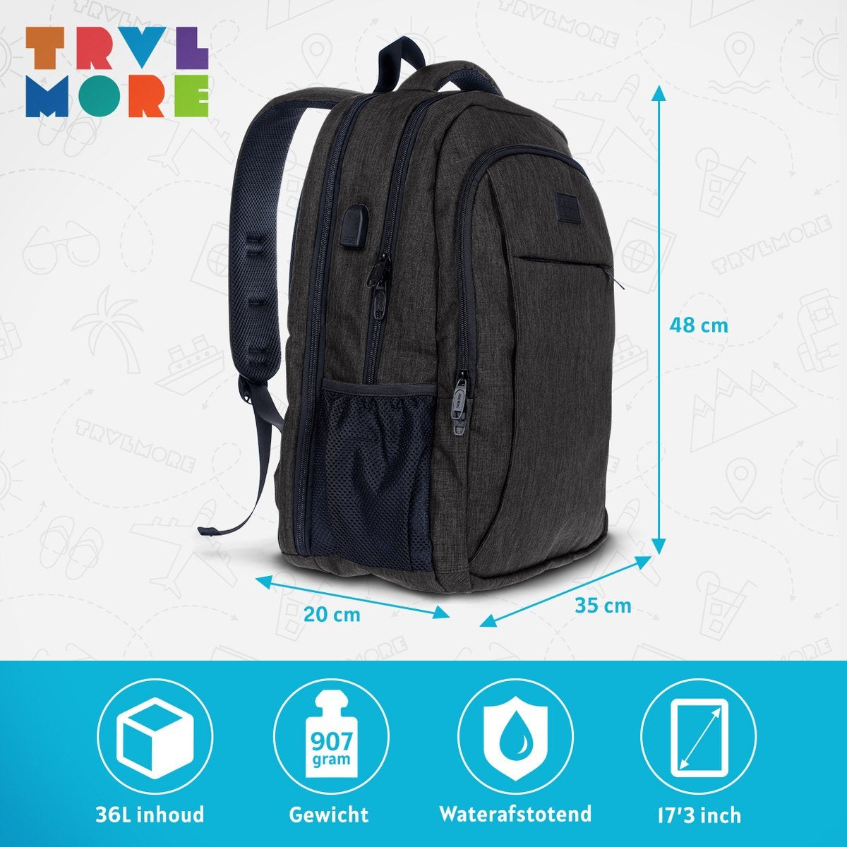 TRVLMORE Rugzak - 36L - 17,3 inch - Laptop Rugtas - Schooltas - Unisex - Spatwaterdicht Antraciet
