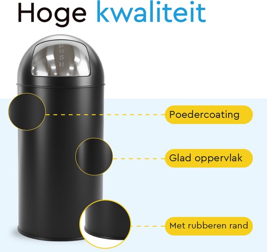 BRASQ Push Bin Prullenbak Zwart Vuilnisbak met uitneembare afvalemmer 30 liter - Afvalbak - Prullenbakken