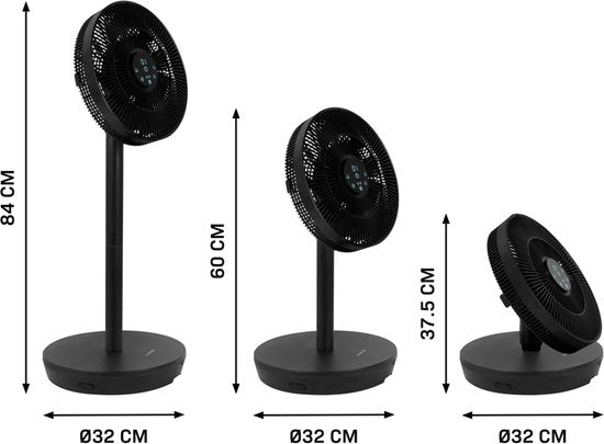 VONROC BREEZE Draadloze Ventilator – Fluisterstil (<44 dB) – 24 snelheden – lichtgewicht en draagbaar - 3 windmodi: Natuurlijk, Slaap, Normaal – Modulair: tafelventilator én vloerventilator – Luxe touchdisplay – Incl. afstandsbediening – Zwart