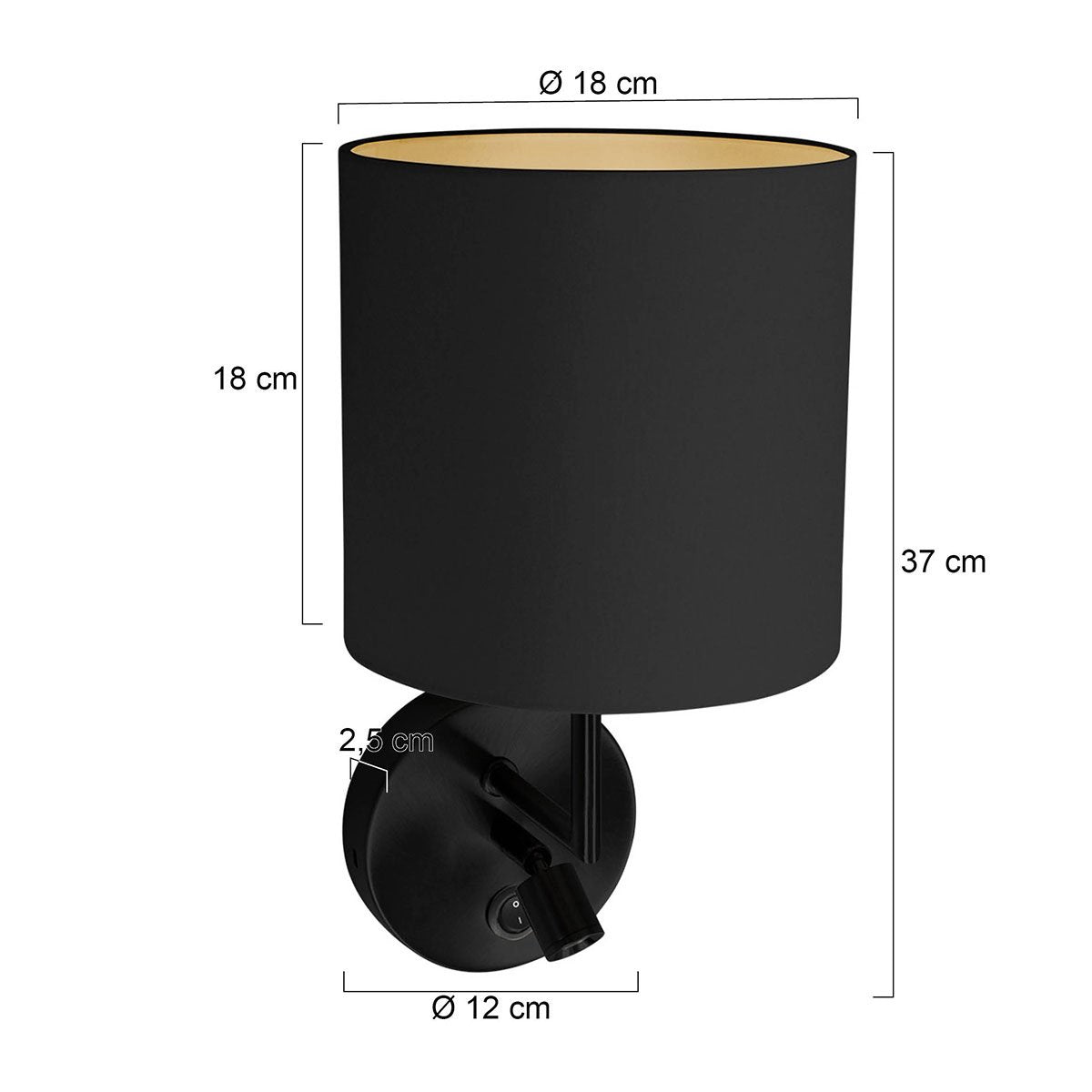 Wandlamp Noor 1562ZW - Verstelbaar met leeslampje, Goud/Zwart, Metaal/Textiel, Mexlite - Tijdloos Design voor Binnengebruik