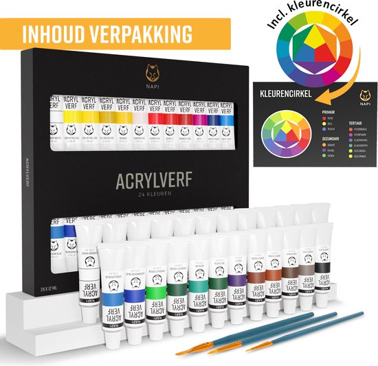 NAPI Acrylverf 24 Kleuren + 3 Penselen - Klaar voor Gebruik - Inclusief Kleurencirkel - Hobbyverf Set - Schilderen Acryl Verf - 24 Tubes