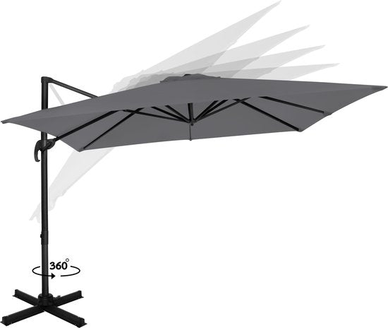 VONROC Premium Zweefparasol Pisogne 300x300cm – Incl. kruisvoet & beschermhoes – Vierkante parasol – 360 ° Draaibaar - Kantelbaar – UV werend doek - Grijs