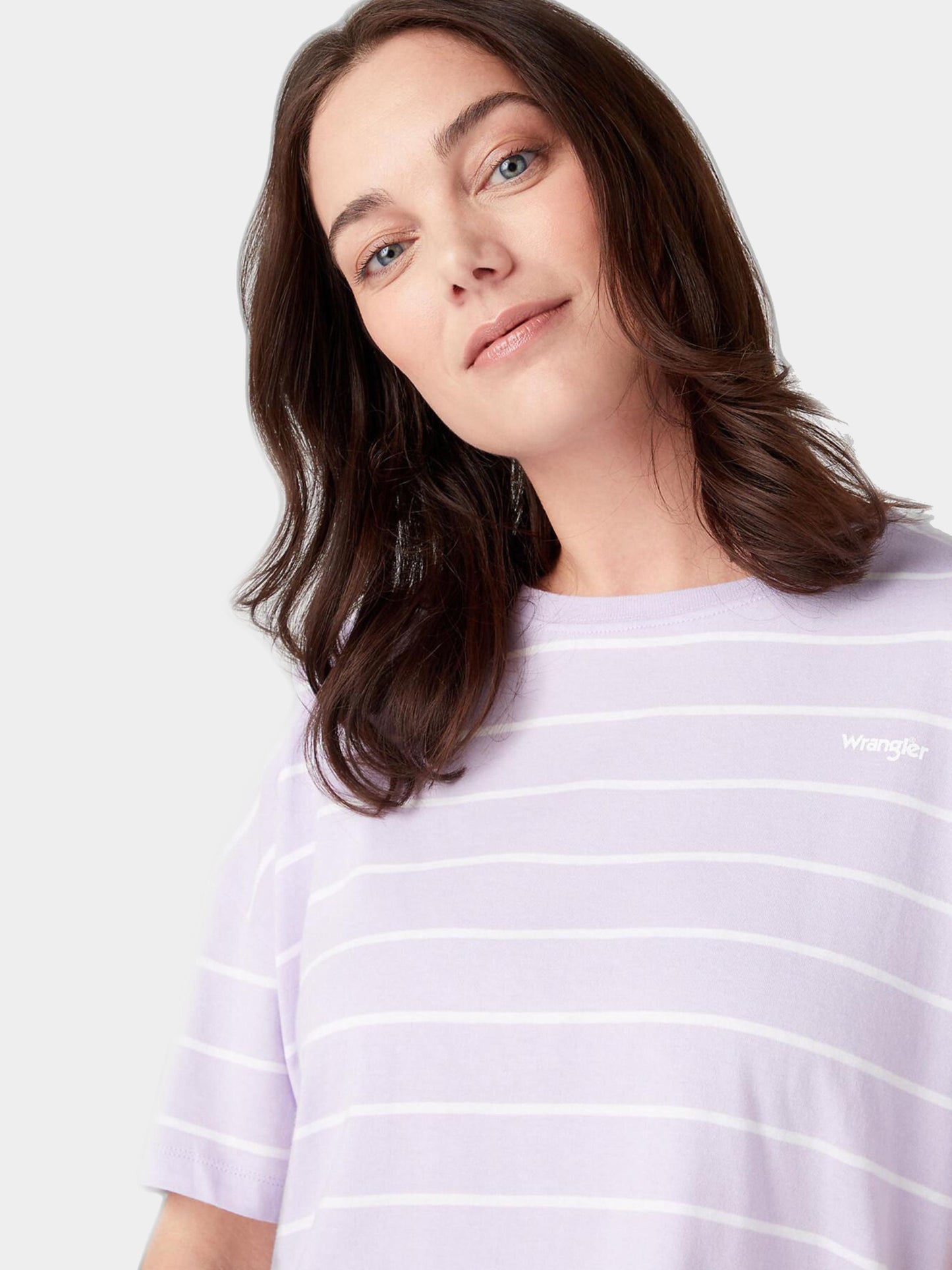 Wrangler Dames T-shirt – Gestreept, Katoen, Maat M, Lavendel/Wit – Oversized Pasvorm, Lengte 62 cm, Bovenwijdte 55 cm