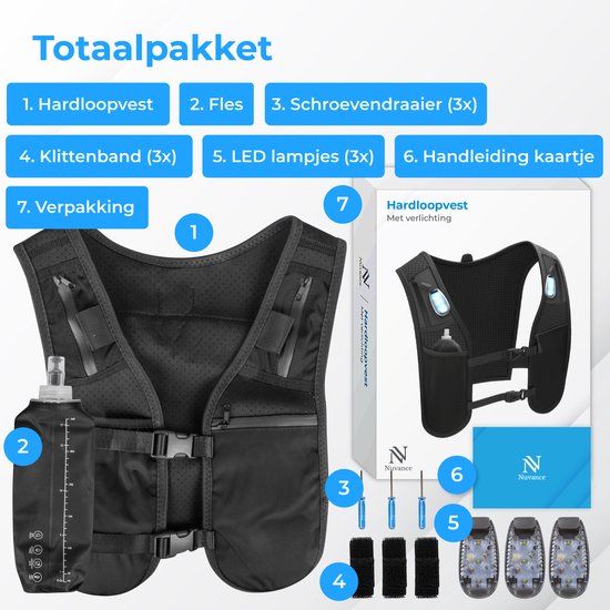 Nuvance Hardloopvest - 3x LED - Running Vest met Verlichting - Hardloop Vest - Loopvest incl. Waterfles en Telefoonvak - Universeel