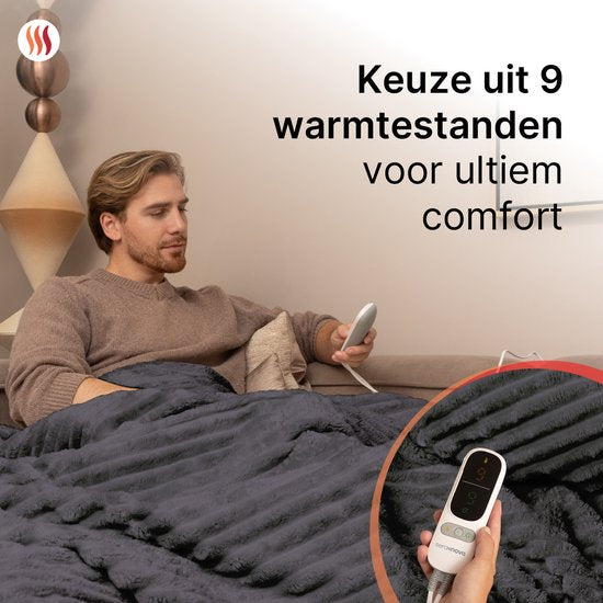 Seranova Elektrische Deken XXL - Extra Warmtedraden - Gestreept Model - 180x160 cm - 2 persoons Warmtedeken - Dubbelzijdig Fleece - Grijs
