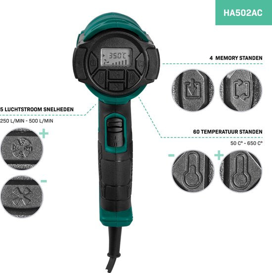 VONROC PRO Heteluchtpistool – 2000W – LCD-display – 650°C – 500L/min – Incl. accessoires
