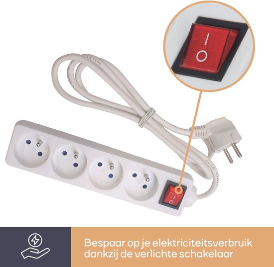 Perel Stekkerdoos met schakelaar, 4 stopcontacten met penaarde (type E), kabel 3 m, 3G1.5, gebruik binnenshuis, wit