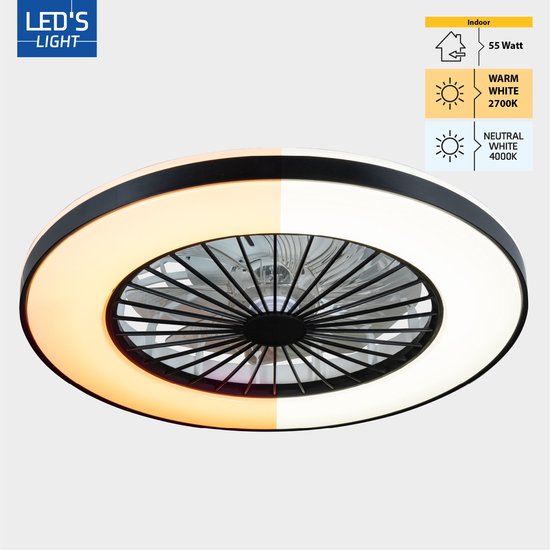 LED’s Light plafondventilator met verlichting 48 cm – Ventilatiesnelheid en bediening met afstandsbediening - Plafondlampen met Ventilator & Lamp - Zwart