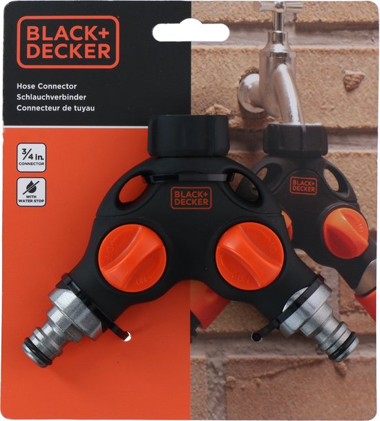 BLACK+DECKER Kraanstuk - 3/4 Inch Connector - Waterstop - 2 Weg Splitser - Zwart/ Oranje