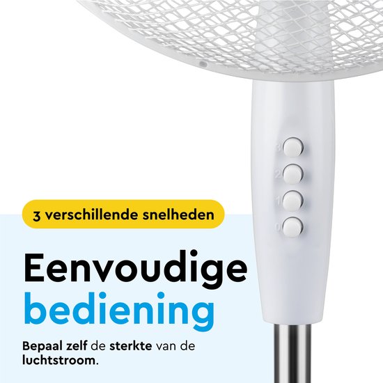 BRASQ Statiefventilator – 40 cm – Wit - In hoogte verstelbaar – 3 snelheden - 40 Watt