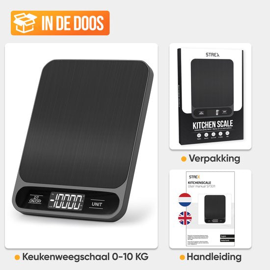 Strex Keukenweegschaal Digitaal - Weegschaal Keuken - 1 g tot 10 kg - Tarra Functie - Inclusief Batterijen - Zwart