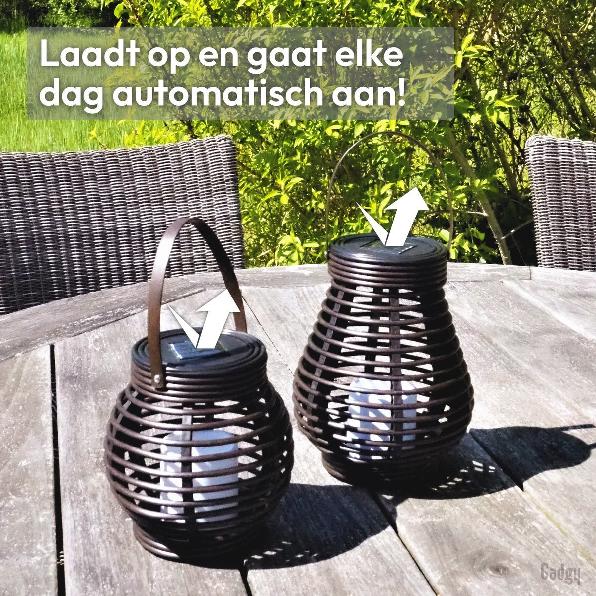 Gadgy Rotan Solar Tafellamp voor buiten - Led Tuinverlichting op Zonneenergie - Tuinlantaarn met Dag/Nacht Sensor - Solar Tuinverlichting - Verlichting voor buiten - Set van 2