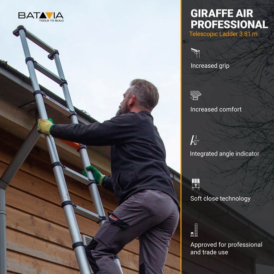 Batavia Telescoopladder 3,81m professional - Uitgeschoven lengte 381cm - Werkzame breedte 32cm - Antislip - Max. belasting 150kg - Werkhoogte 481cm - Giraffe Air® Pro