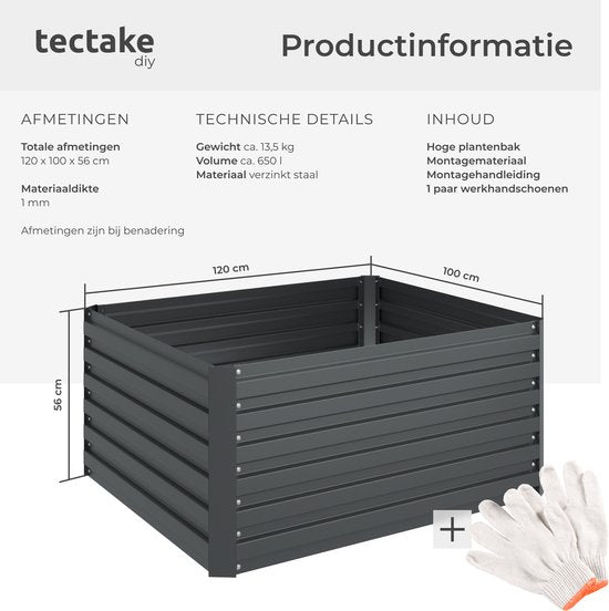 tectake® Verhoogde Plantenbak Blomma - Bloembakken voor buiten Rechthoekig - Inclusief Werkhandschoenen - Verzinkt Staal - Stabiel en Weerbestendig - 120 x 100 x 56 cm - Tuinbed voor Kruiden, Groenten en Bloemen - Antraciet