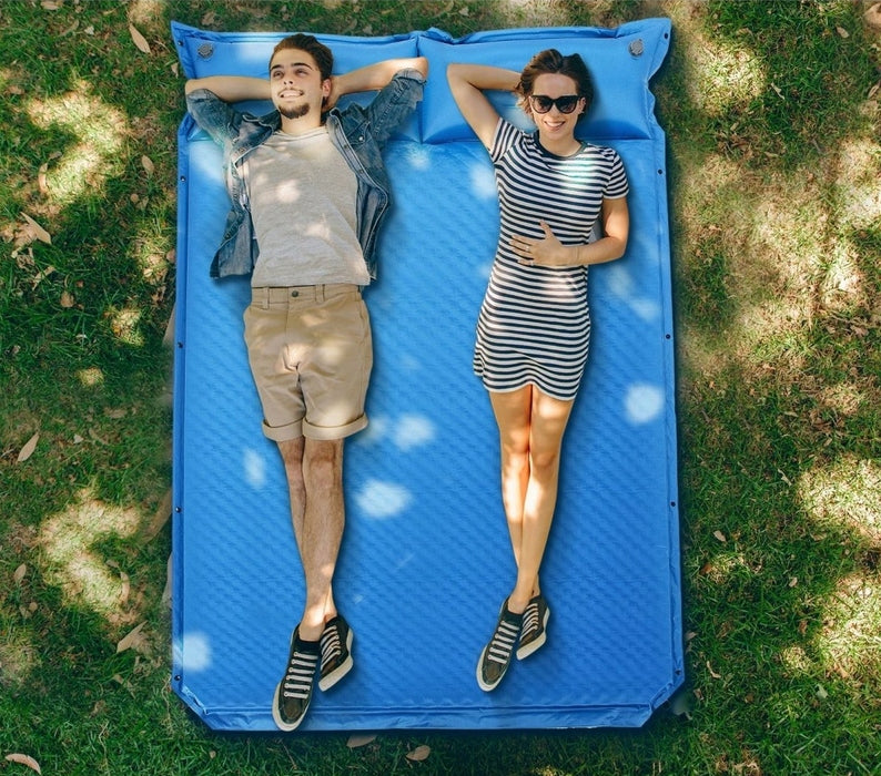Coast – Zelfopblazende Campingmat 2-persoons – 187 x 131 x 4 cm & Met Ergonomische Kussens – Voorzien Van Verbindingsknopen En Waterbestendig Oppervlak – Voor Kamperen En Wandelen – Blauw Pvc En Schuim