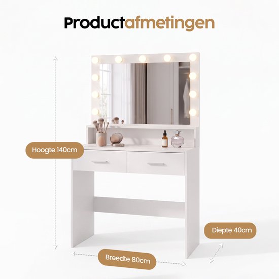 Infinity Goods Kaptafel - Make Up Tafel - Met Spiegel en 11 LED Lampen - Veel opbergruimte - Dimbaar - Wit