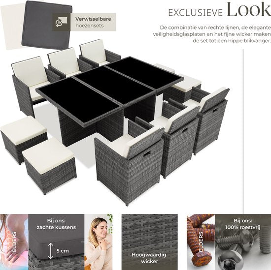 tectake® Loungemeubelset - Wicker tuinset - 6 stoelen, 4 krukken en 1 tafel - Tuinmeubelen voor balkon, tuin en terras - Inclusief beschermhoes en kussens - Met 2 kleuren hoezensets - Gemakkelijk te onderhouden - Glazen tafelblad - Grijs