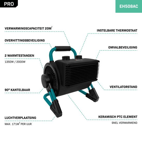 VONROC PRO Elektrische kachel - ventilatorkachel - werkplaatskachel - 1350W/2000W - keramisch - 3 standen - thermostaat - 900 kantelbaar - 20m2