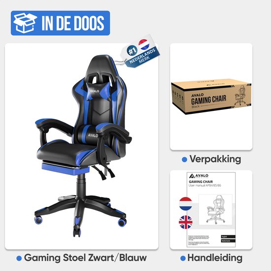 Avalo Gaming Stoel - Gamestoel - Ergonomische Bureaustoel Verstelbaar - Game Stoel - Gaming Chair - Zwart/Blauw