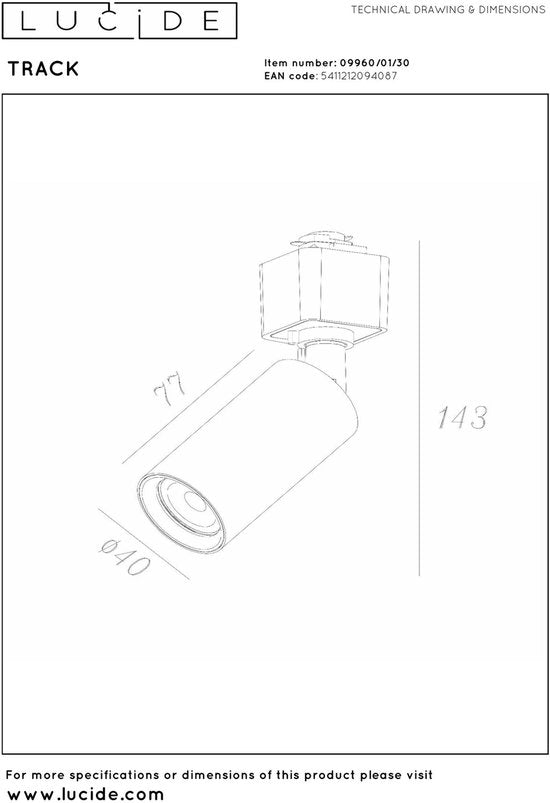 Lucide TRACK RITMO Railspot - 1-fase Railsysteem / Railverlichting - 1xGU10-MR11 - Zwart (Uitbreiding)