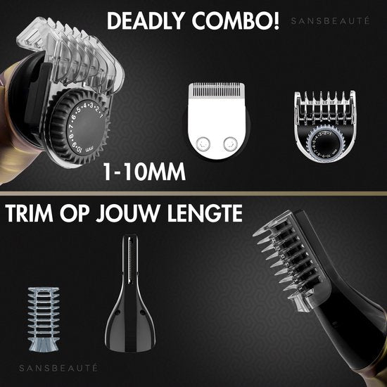 9-in-1 Baardtrimmer Mannen - Sansbeauté® Trimmer voor Baard en Lichaam - Incl. 9 opzetstukken - Bodygroomer Mannen - Bodytrimmer Heren - Haar trimmer - Tondeuse - 0.5-15MM - Neus en Oor - Trimapparaat - Baard Machine - Multigroomer