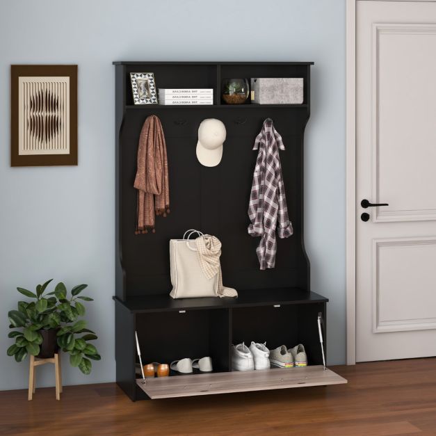 pstok met Zitbank – 5 Dubbele Haken – Met Open Vakken & Schoenenkast – Zwart – 100 x 40 x 160 cm