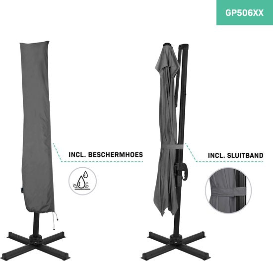 VONROC Premium Zweefparasol Pisogne 300x300cm – Incl. kruisvoet & beschermhoes – Vierkante parasol – 360 ° Draaibaar - Kantelbaar – UV werend doek - Grijs