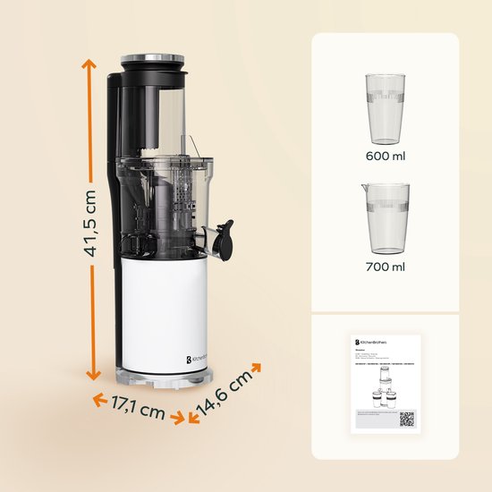 KitchenBrothers Slowjuicer - Verticaal - Juicer - Groenten en Fruitpers - 80 mm - 750 ml - Pearl White / Wit