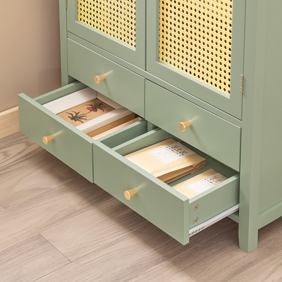 SoBuy Schoenenkast – 4 Lades & 2 Deuren met Rattan – 70x34x90 cm – Groen